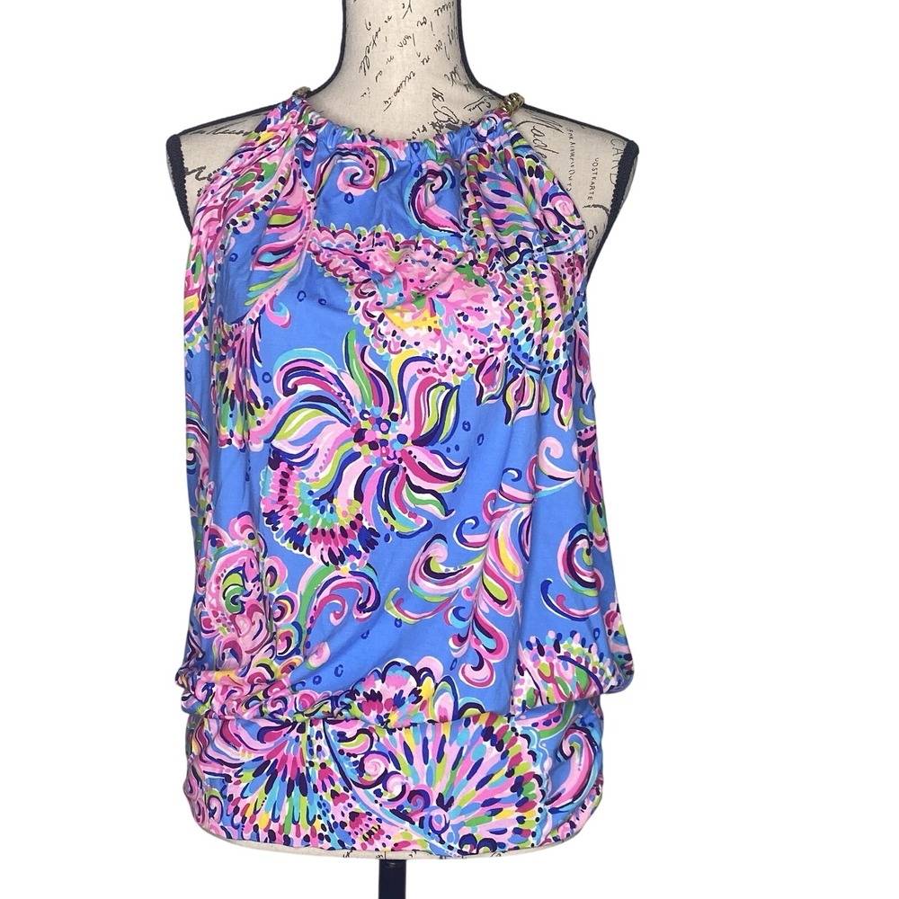 Lilly Pulitzer Halter Top Blueโ Pink Floral Gold Chain Blouse Women L Resortwear
